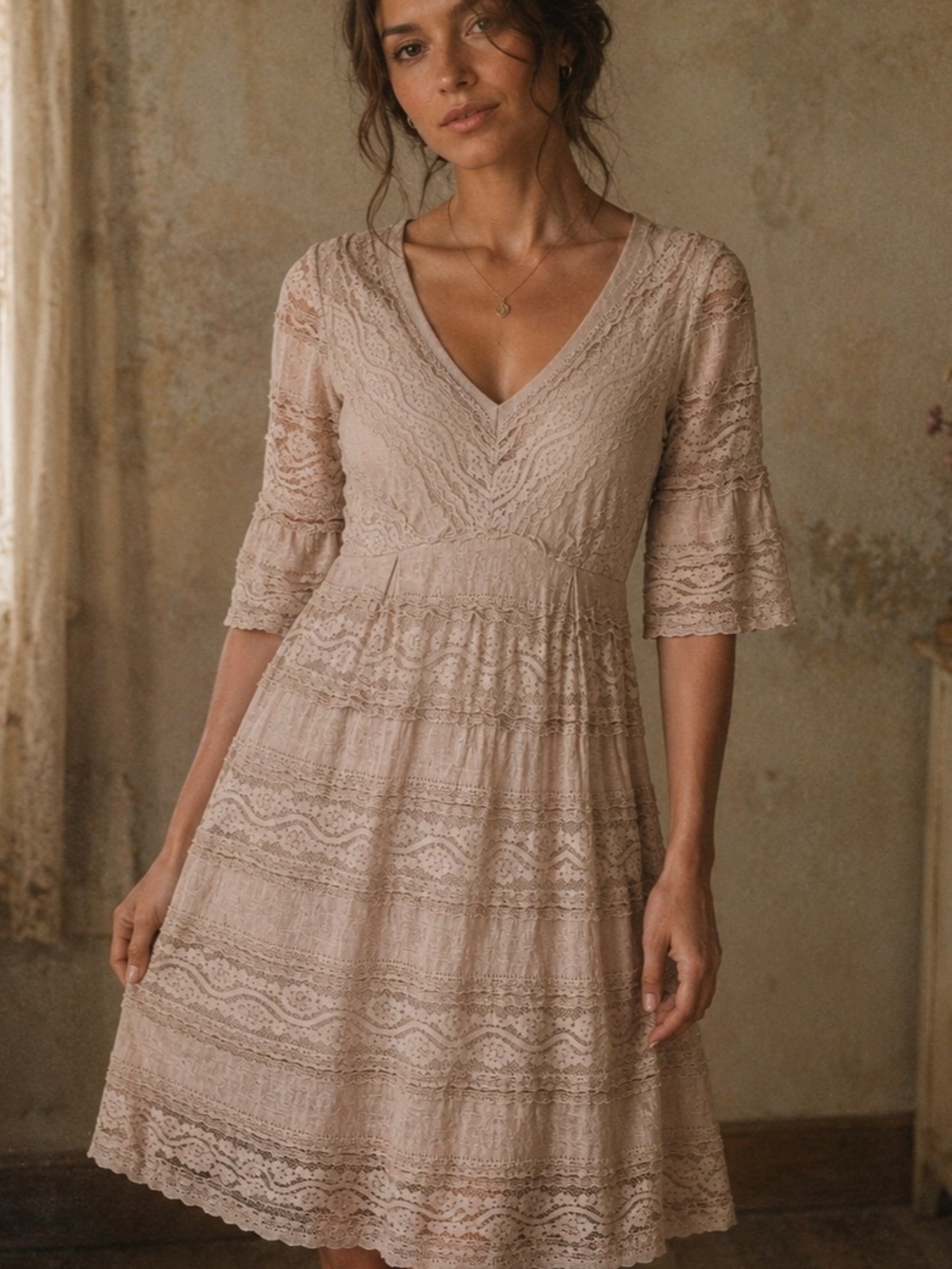 Vintage Look Lace V-Neck Dress in Beige